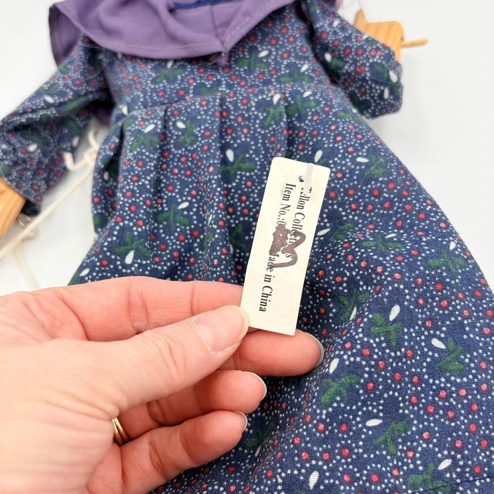 Vintage Marionette Puppet Folk Art Doll Blue‎ Floral Dress Wood Face